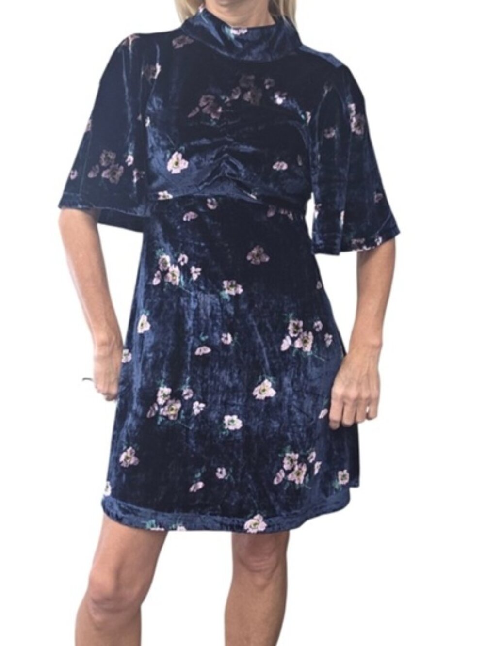 Free People Be My Baby Velvet Floral Mini Dress Navy Size 2 Button Back
